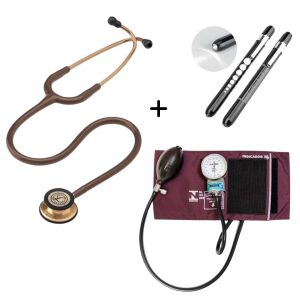 Kit Acadêmico Littmann Classic III Chocolate + Esfigmo P.A MED Bordo + Lanterna Clínica Preta