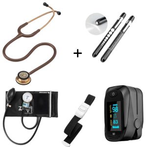 Kit Acadêmico Littmann Classic III Chocolate + Esfigmo P.A MED Preto + Lanterna Clinica Preto + Garrote+Oxímetro