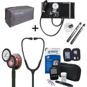 Kit Acadêmico Estetoscópio Littmann Black Rainbow + Esfigmo P.A MED + Lanterna+Medidor glicose