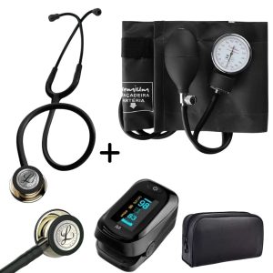 Kit Acadêmico Littmann Classic III Black Champagne + Esfigmo Premium + Oxímetro Multi