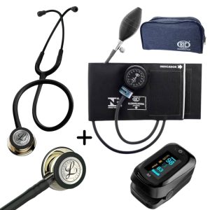 Kit Acadêmico Littmann Classic III Black Champagne + Esfigmomanômetro BIC + Oxímetro Multi