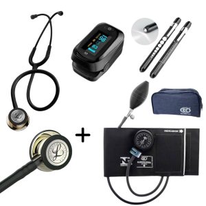Kit Acadêmico Littmann Classic III Black Champagne + Esfigmomanômetro BIC + Oxímetro Multi + Lanterna Clínica