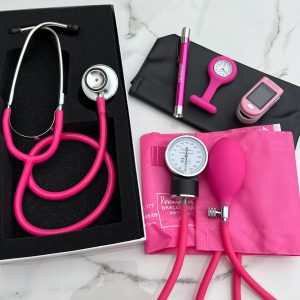 Kit Acadêmico Estetoscópio P.A Med Rosa Duplo Adulto e Infantil + Esfigmo Premium+Oxímetro+Relógio+Lanterna