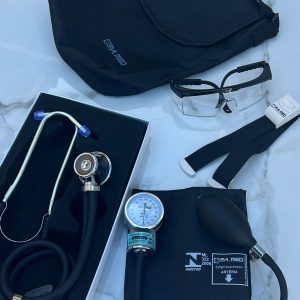 Kit Enfermagem Acadêmico Completo Preto Estetoscópio Esfigmo Garrote Bolsa e Óculos Garantia 2 Anos P.A Med
