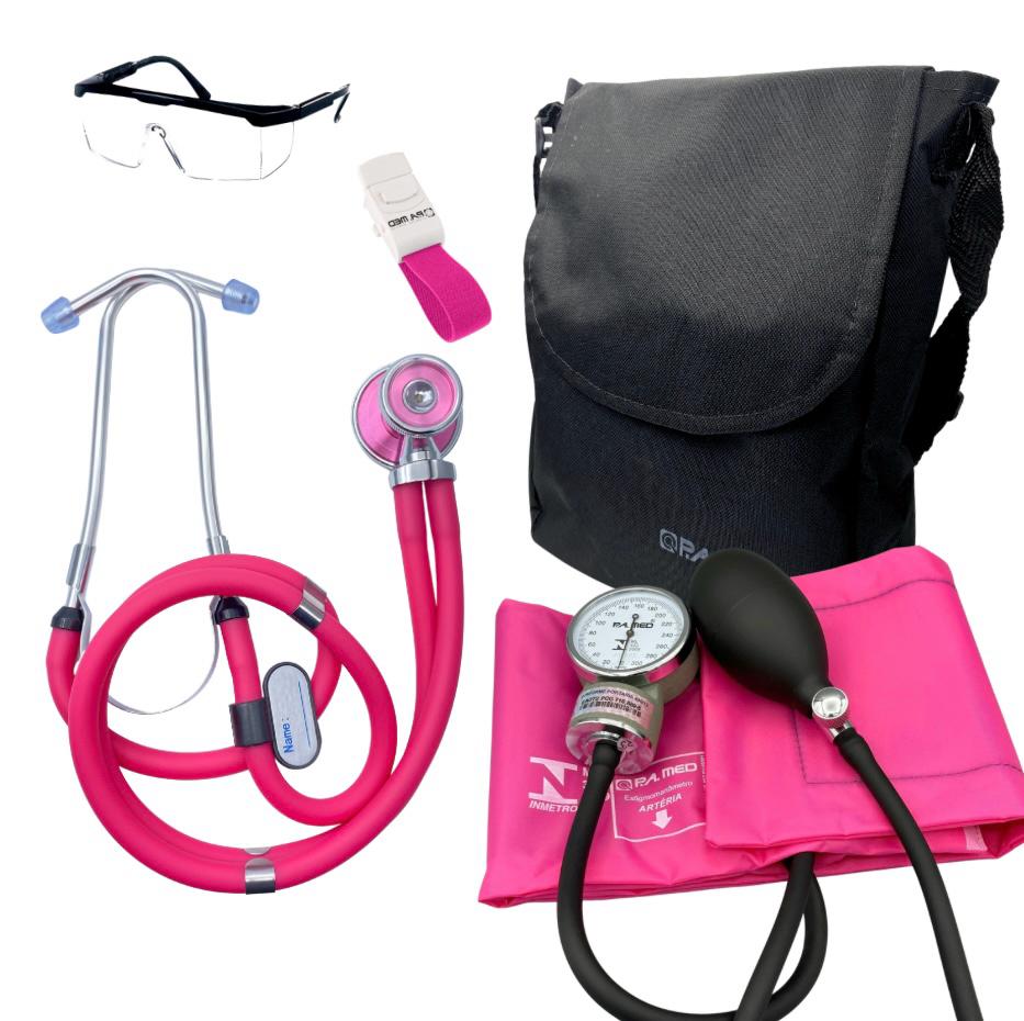Kit Enfermagem Acadêmico Completo Rosa Esteto Esfigmo Garrote Bolsa e Óculos Garantia 2 Anos P.A Med