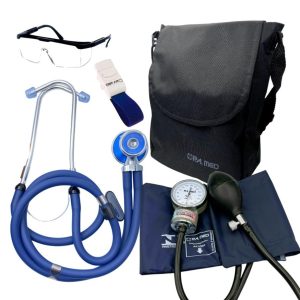 Kit Enfermagem Acadêmico Completo Azul Estetoscópio Esfigmo Garrote Bolsa e Óculos Garantia 2 Anos P.A Med