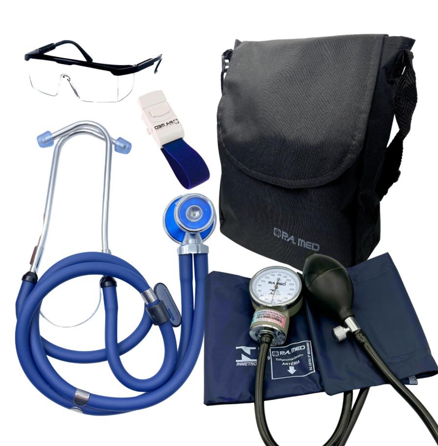Kit Enfermagem Acadêmico Completo Azul Estetoscópio Esfigmo Garrote Bolsa e Óculos Garantia 2 Anos P.A Med